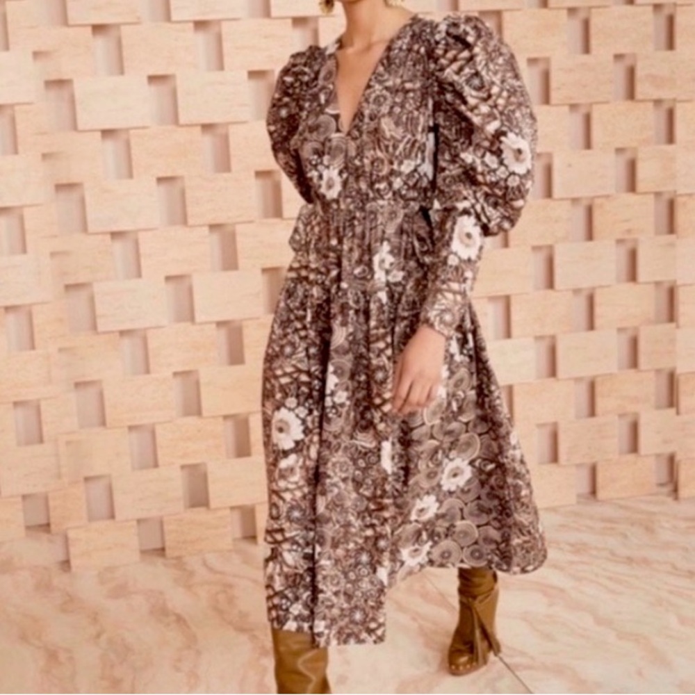 ULLA JOHNSON Althea Teak Long Puff Sleeve VNeck Midi Dress 6 100% cotton pockets